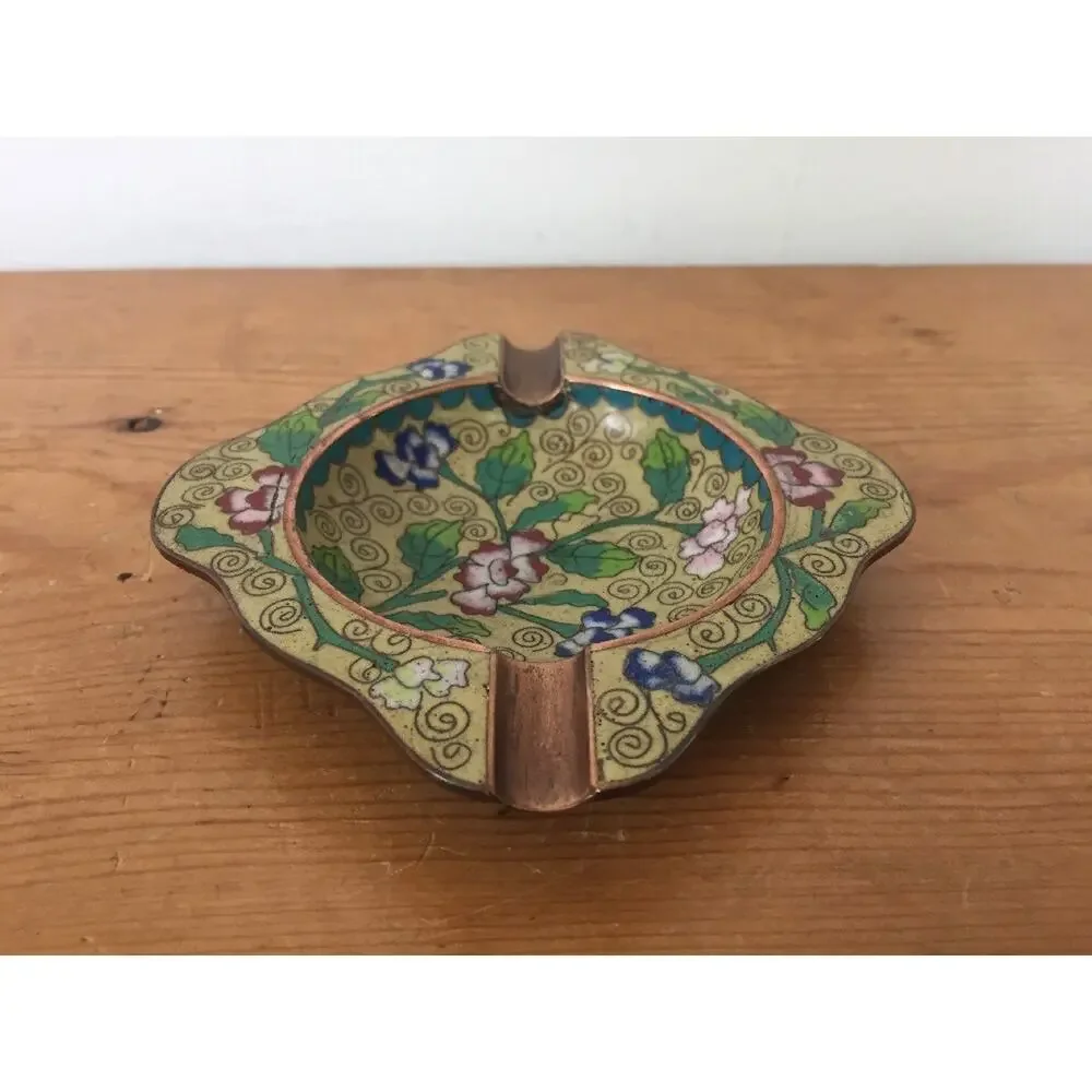 Antique Handcrafted Cloisonne Copper Brass Chinese Floral Yellow Ashtray Dish
